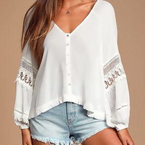 Joanie White Crochet Lace Long Sleeve Button-Up Top